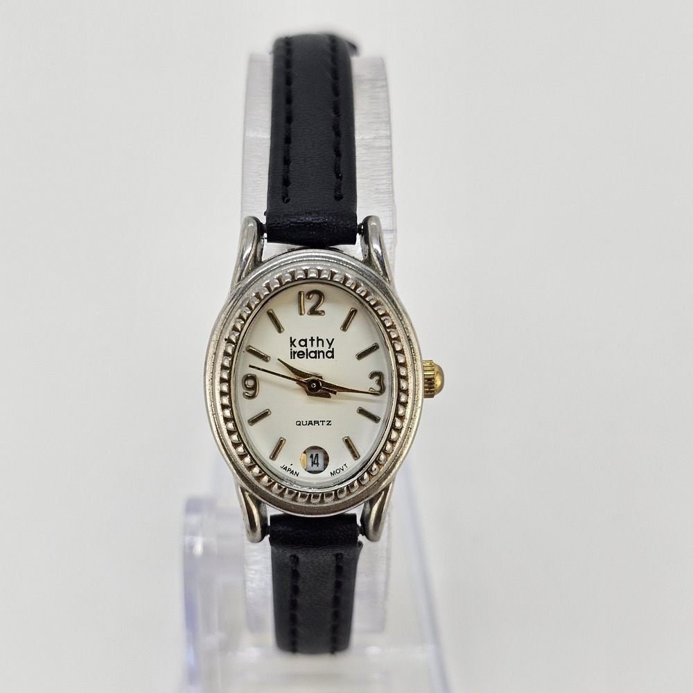 Kathy Ireland Women's Watch 20MM White Dial Date NEW Black Leather Bands Battery